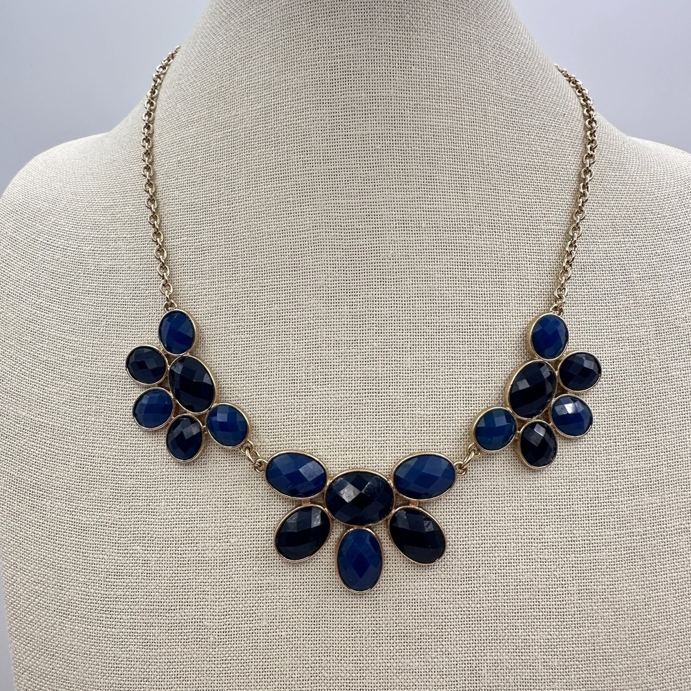 Vintage 80s 90s Blue Cluster Bib Gold Tone Statement Necklace